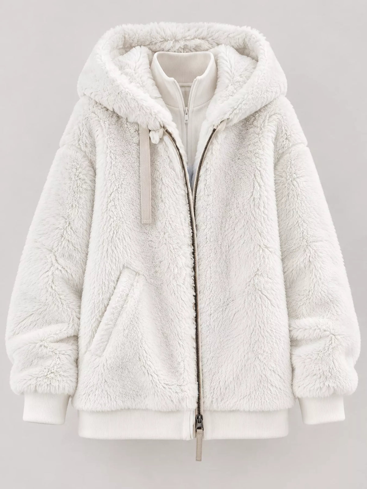 Faux Fur Hooded Zip-Up Jacket in White