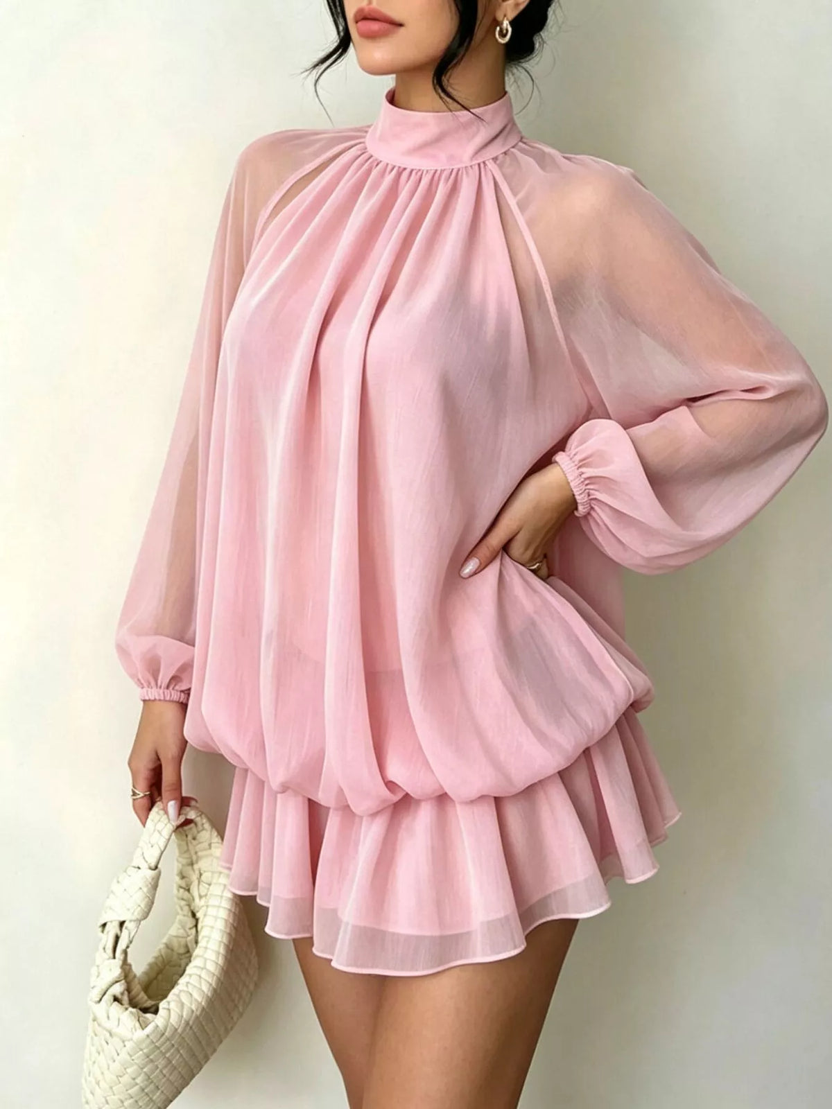 Mock Neck Sheer Chiffon Mini Dress