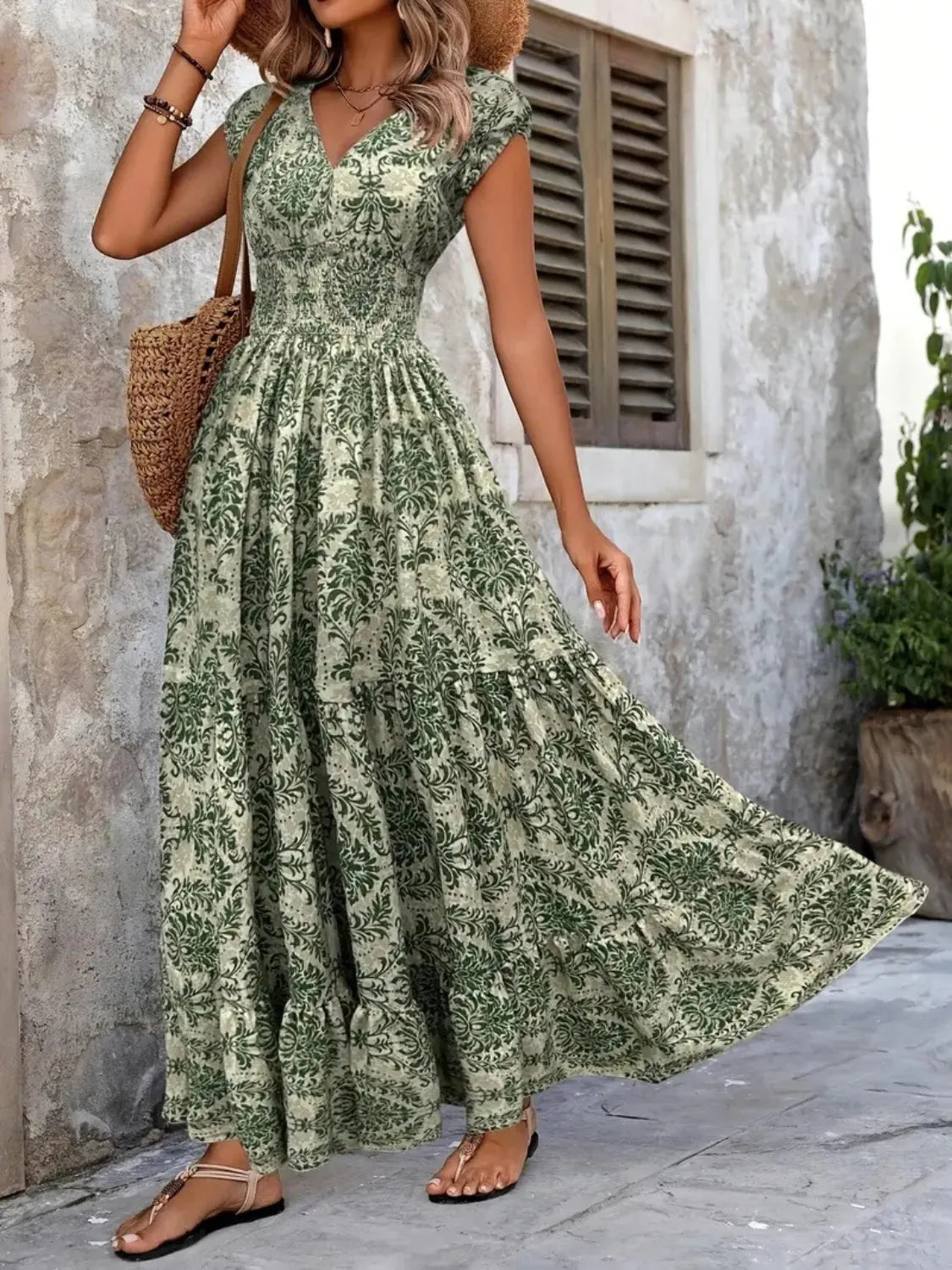 Vintage Floral Cap Sleeve Maxi Dress