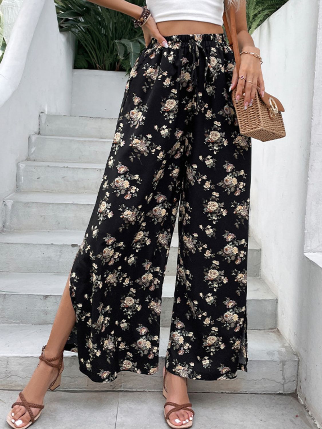 Floral Side Slit Wide Leg Pants in Black