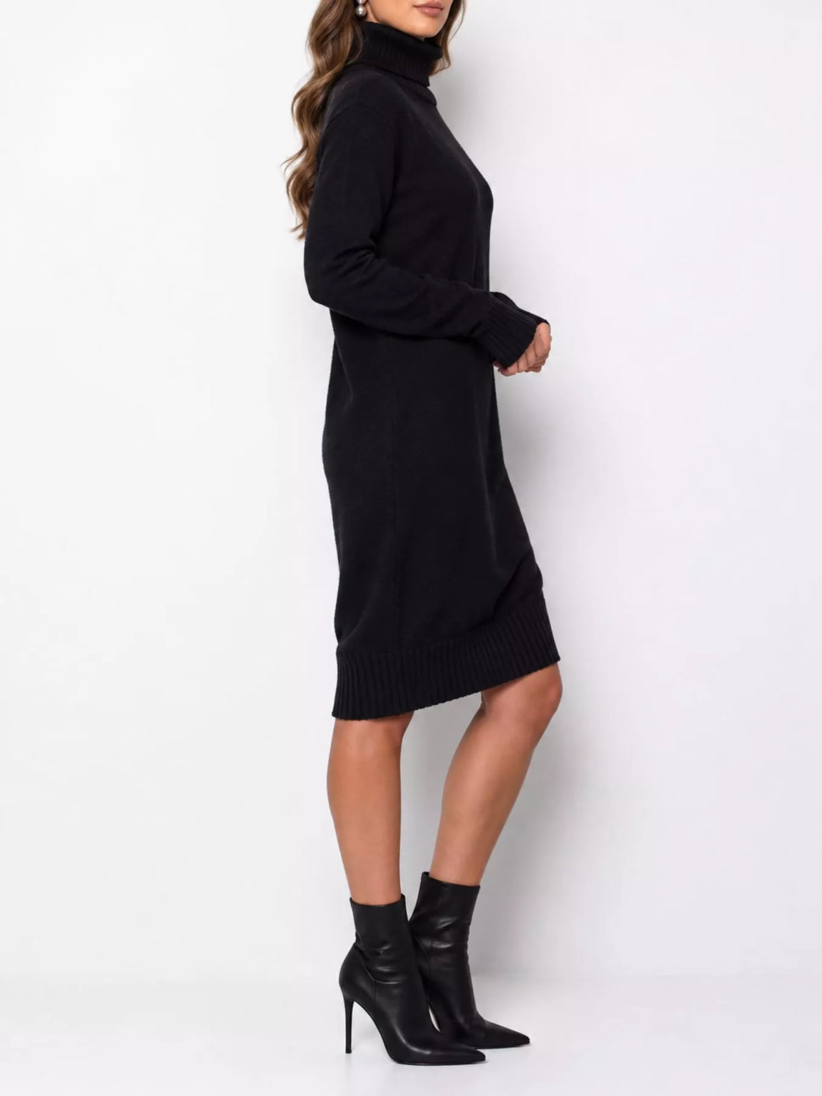 Relaxed Fit Turtleneck Ribbed Knit Sweater Dress