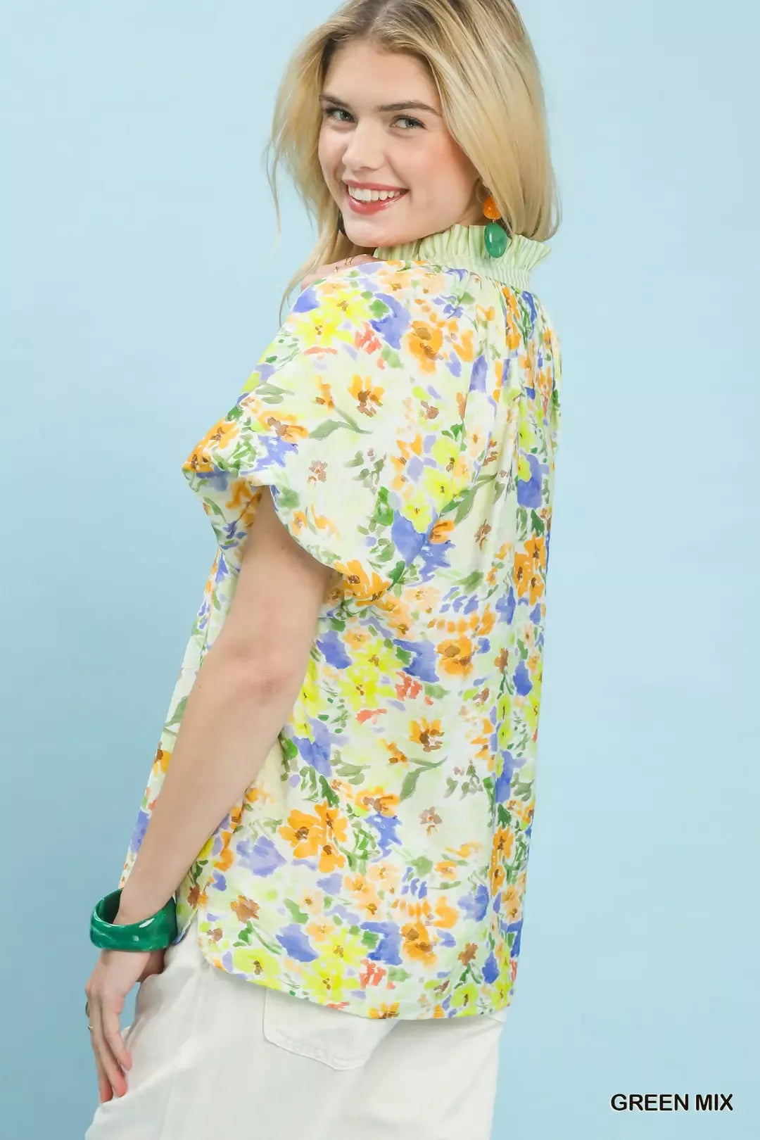 Umgee Watercolor Floral Top in Green Mix