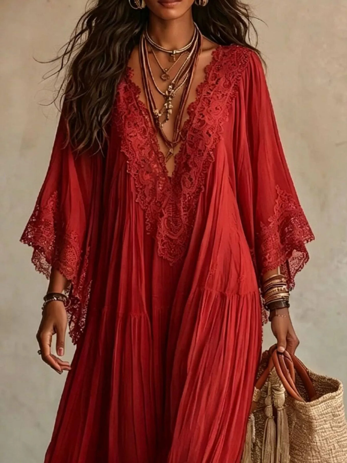 Lace Trim Tiered V-Neck Maxi Dress
