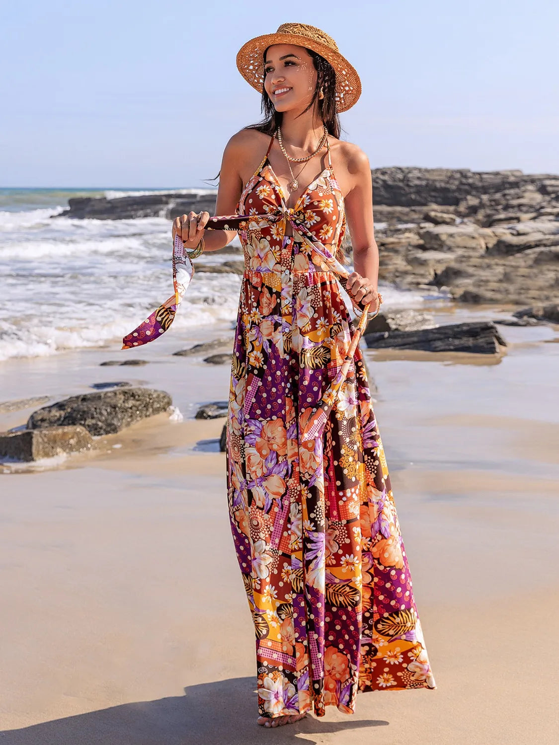 Printed Halter Neck Cami Dress in Multicolor