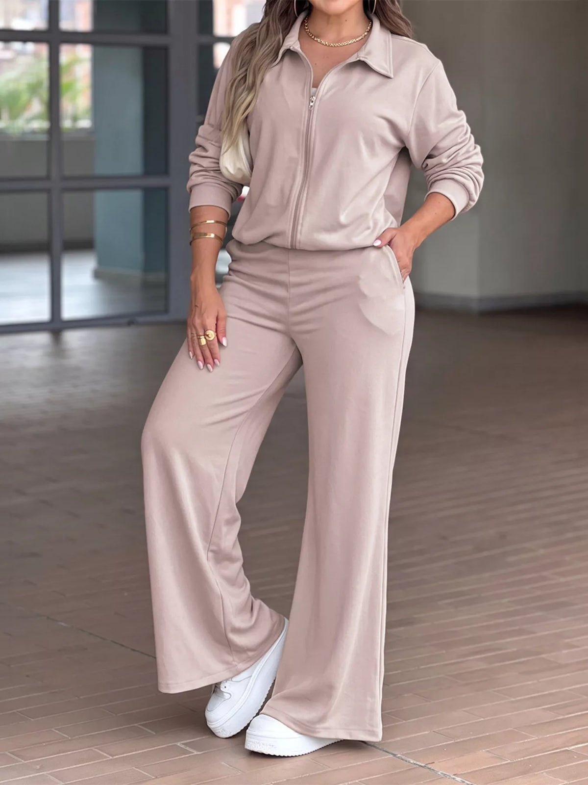 Zip-Up Jacket and Wide-Leg Pants Set in Khaki