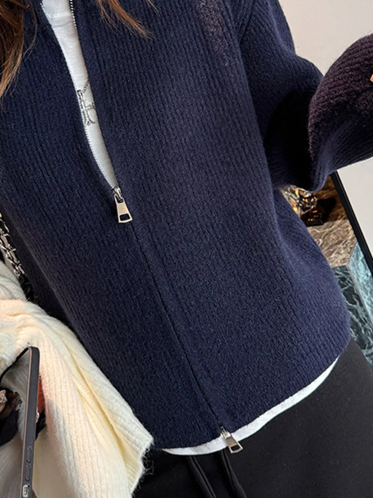 Zip-Up Dropped Shoulder Ribbed Cardigan