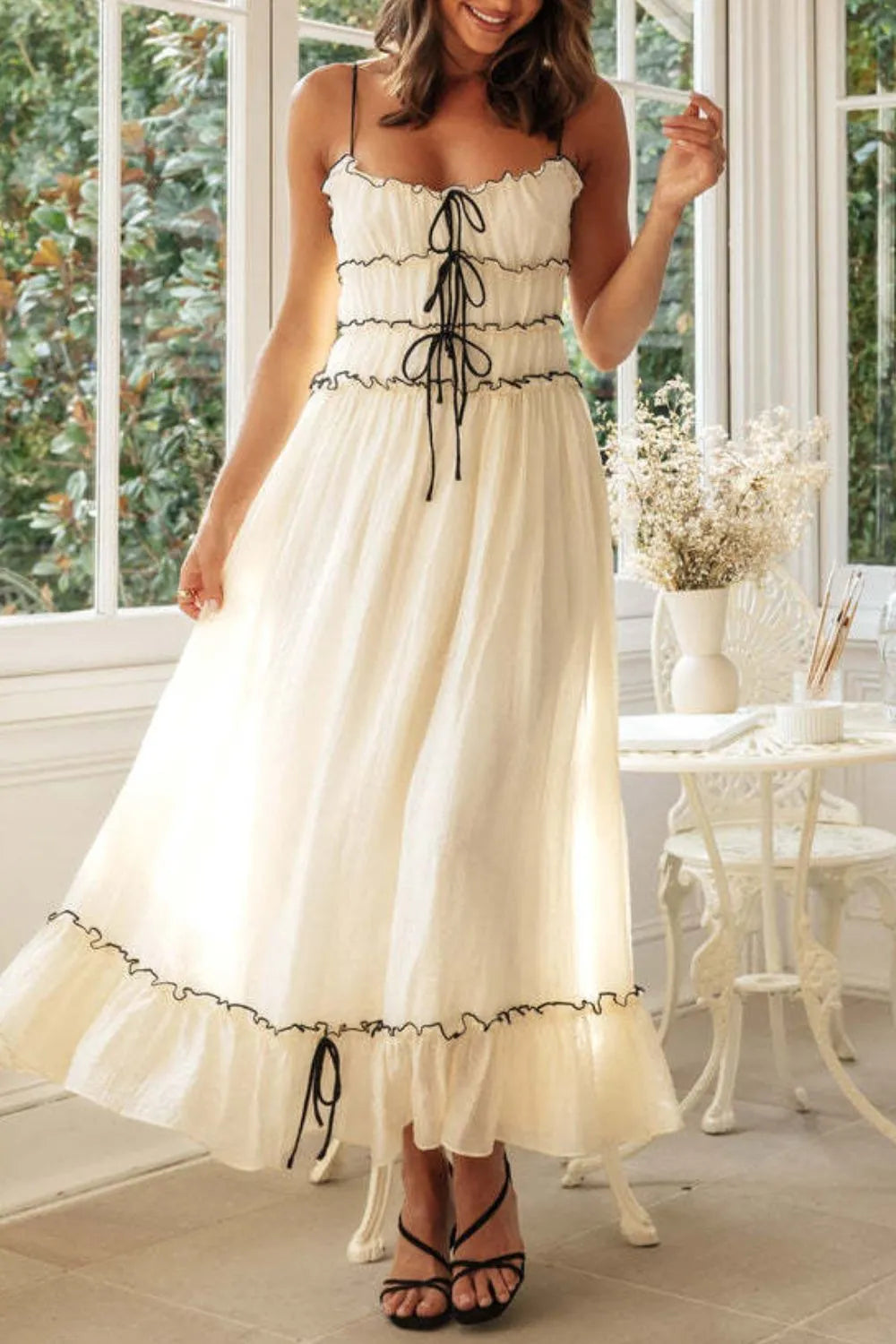 Frill Lace-Up Midi Cami Dress