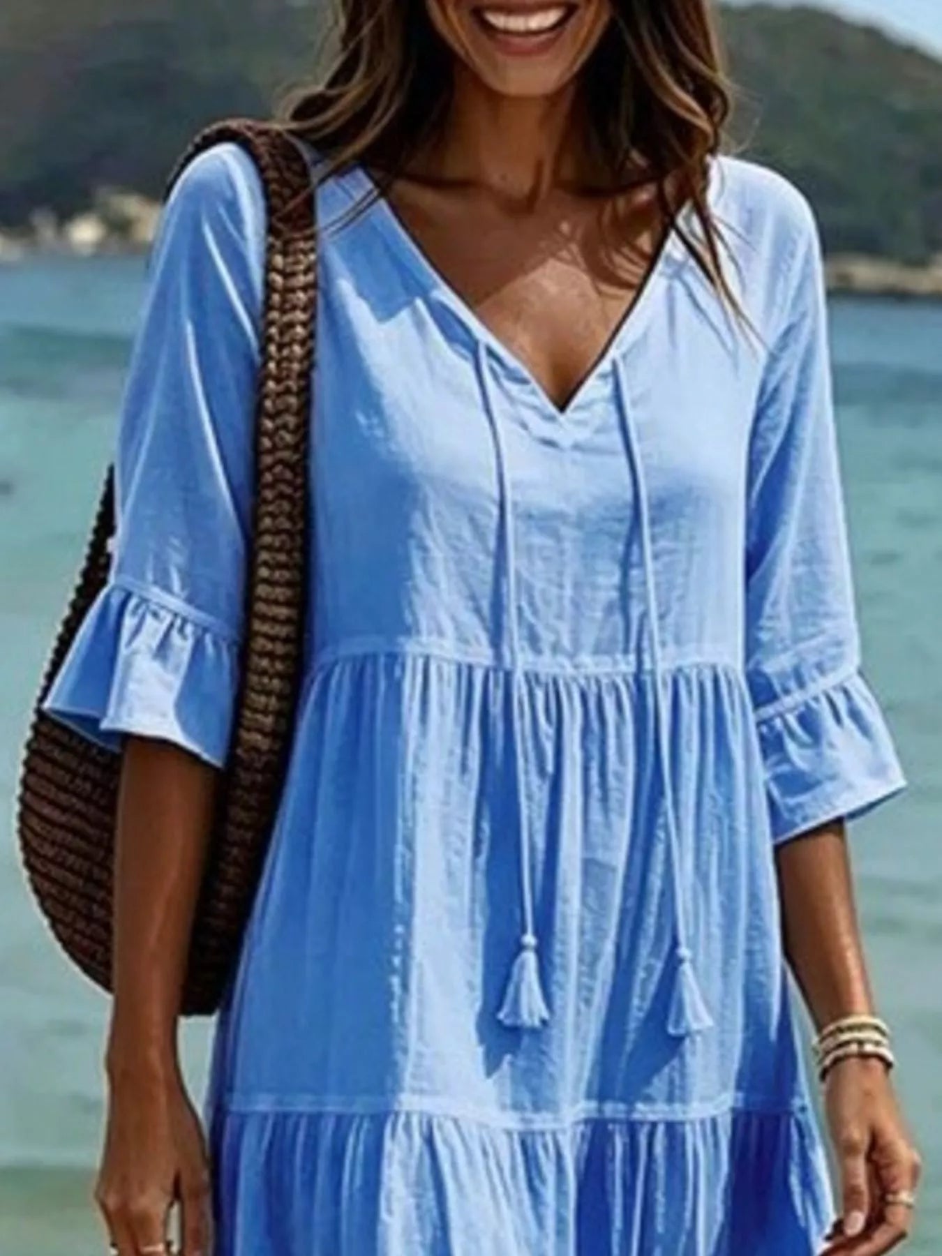 Tie-Neck Flounce Sleeve Tiered Dress