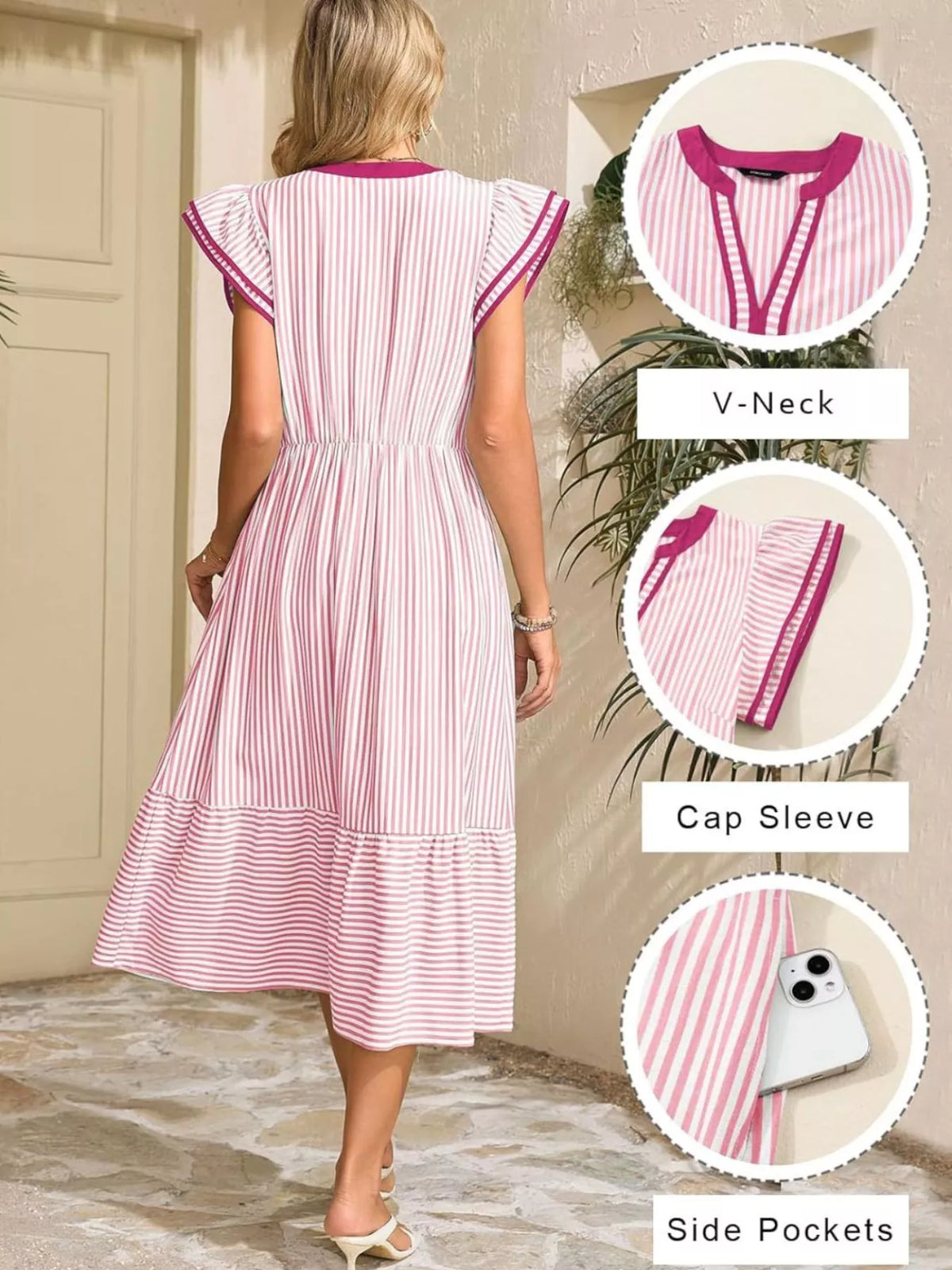 Striped Ruffle Sleeve Midi Dress with Pockets