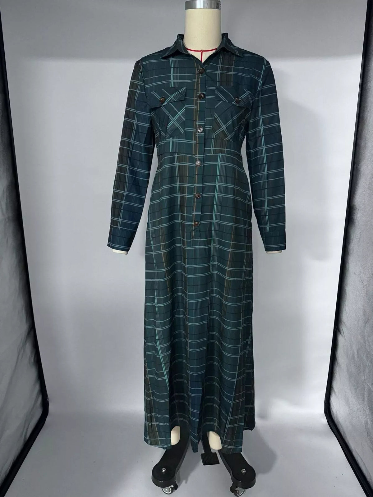 Plaid Button-Down Maxi Shirt Dress in Dark Green