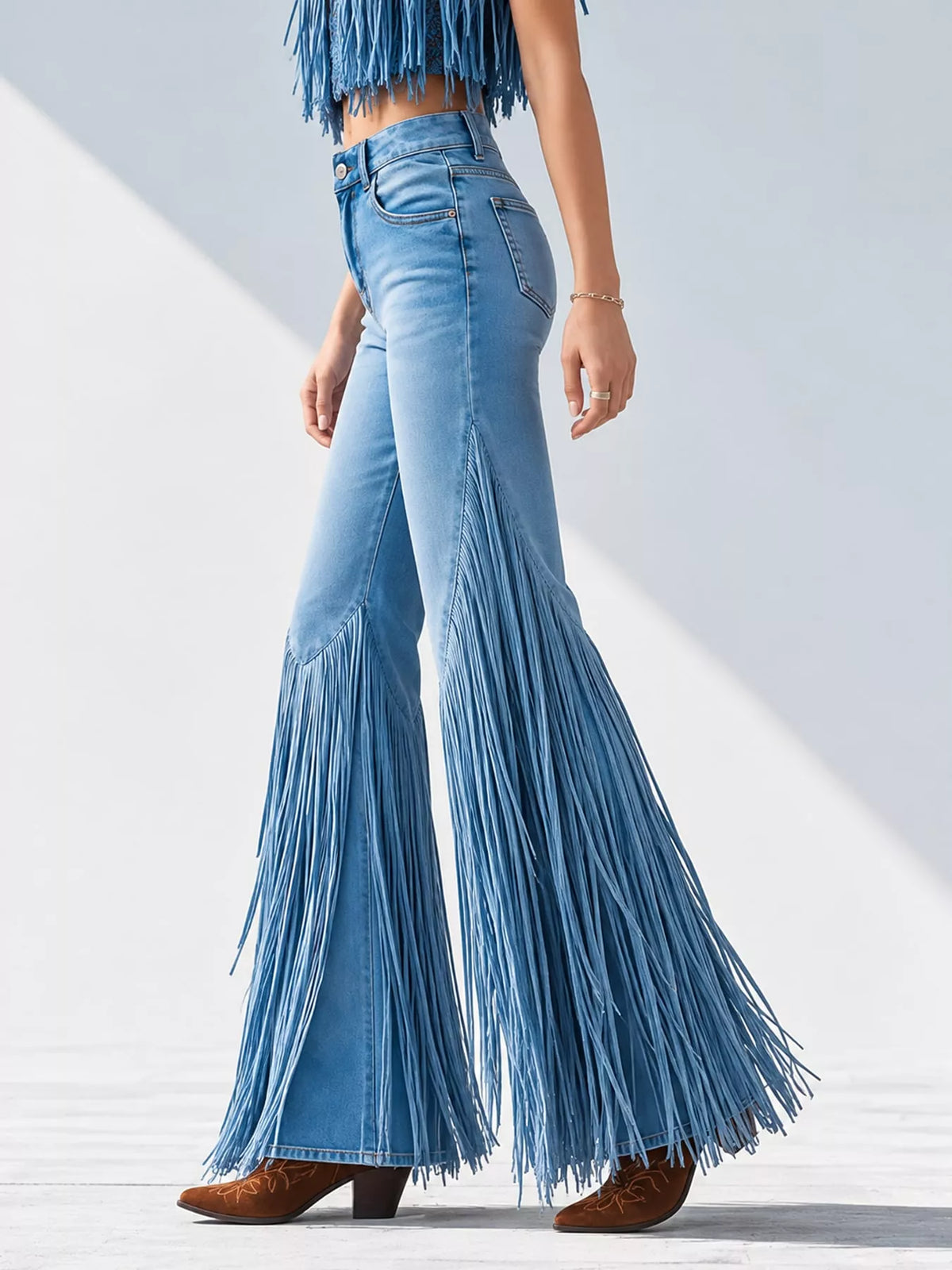 High-Waisted Fringe Flare Jeans in Blue