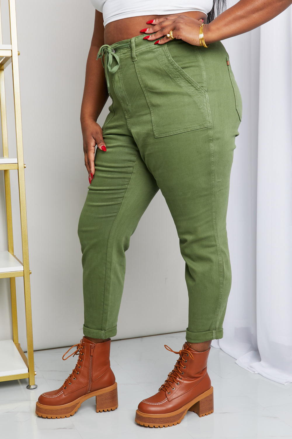 Judy Blue Drawstring Waist Pocket Jeans in Olive