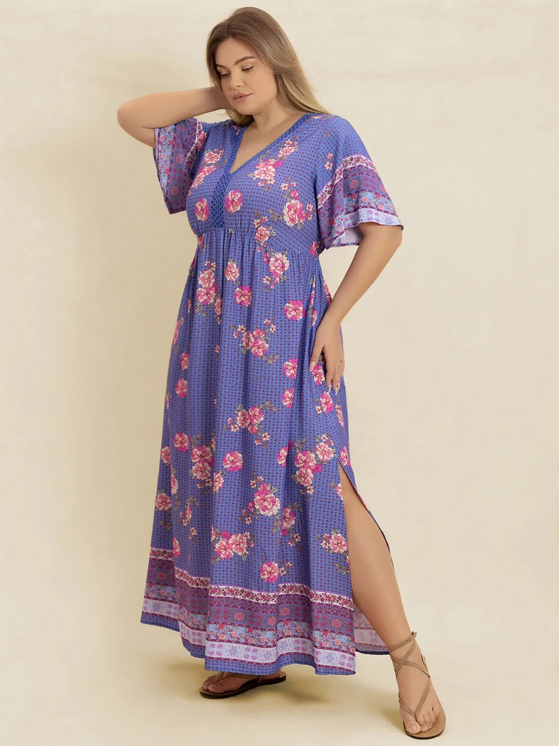 V-Neck Flutter Sleeve Dress in Blue Purple