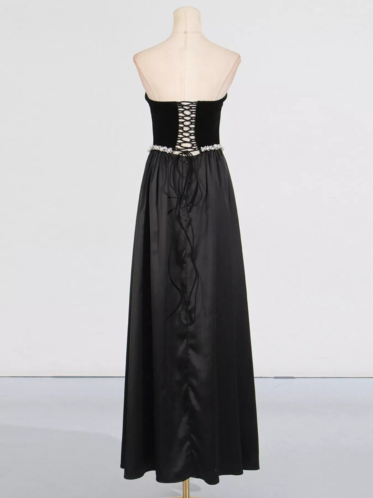 Rhinestone Lace-Up Tube Maxi Dress in Black