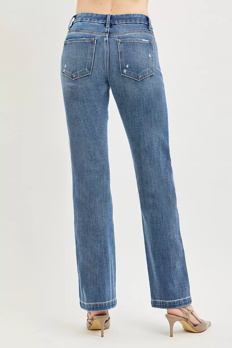 Risen Mid Rise Straight Leg Jeans in Medium Wash