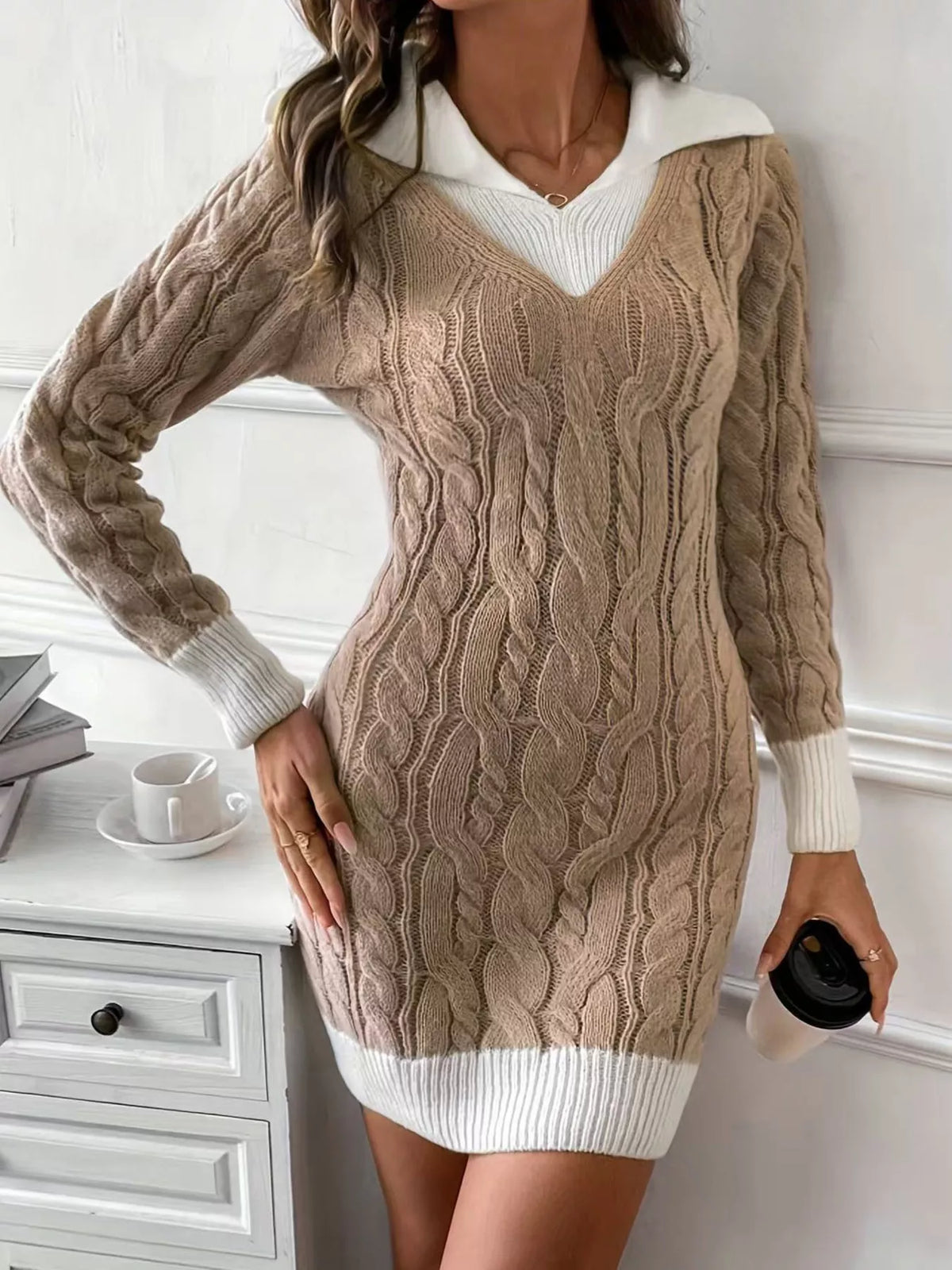 Cable Knit Sweater Dress in Khaki