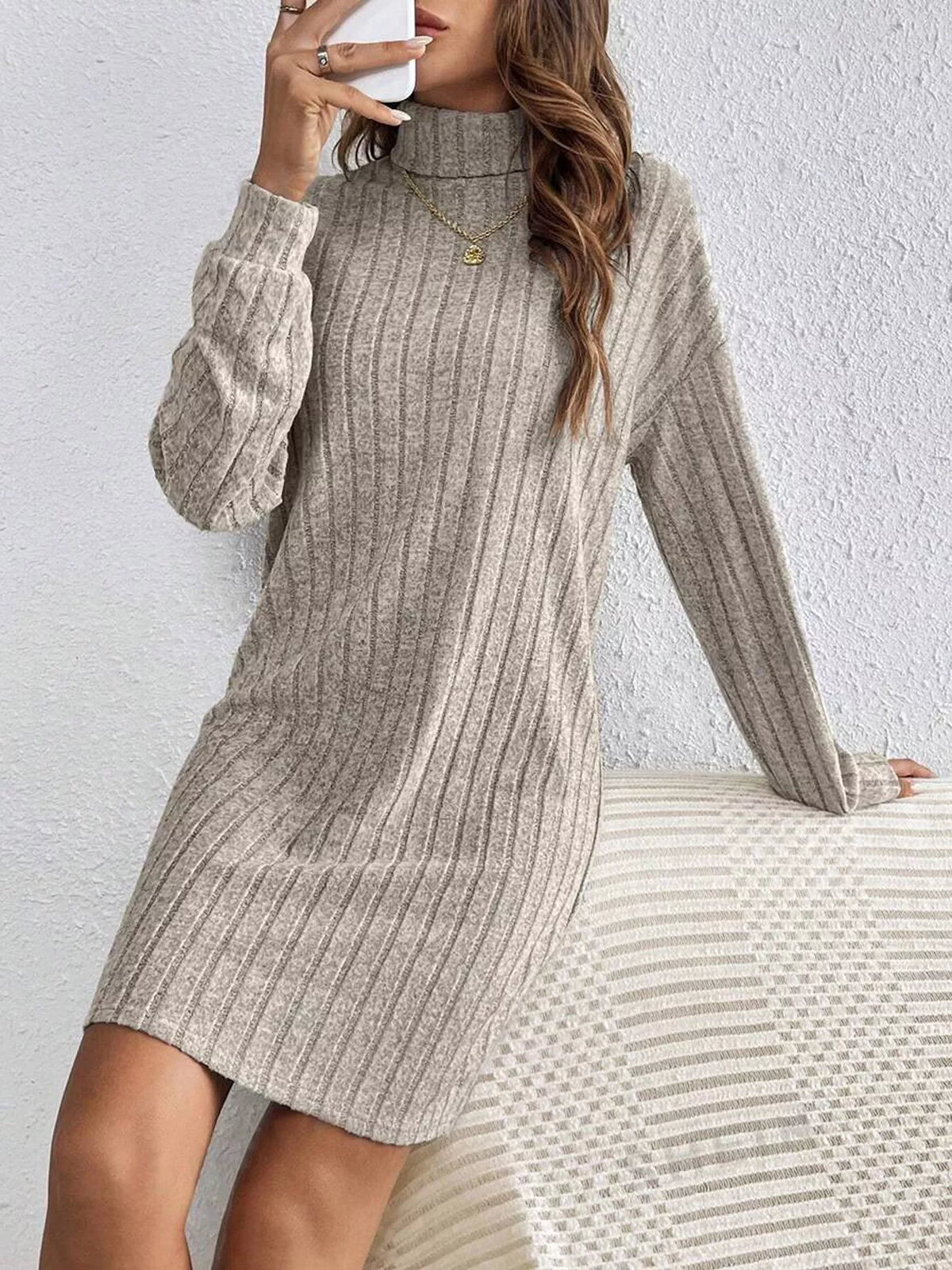 Turtleneck Ribbed Knit Dress in Mocha