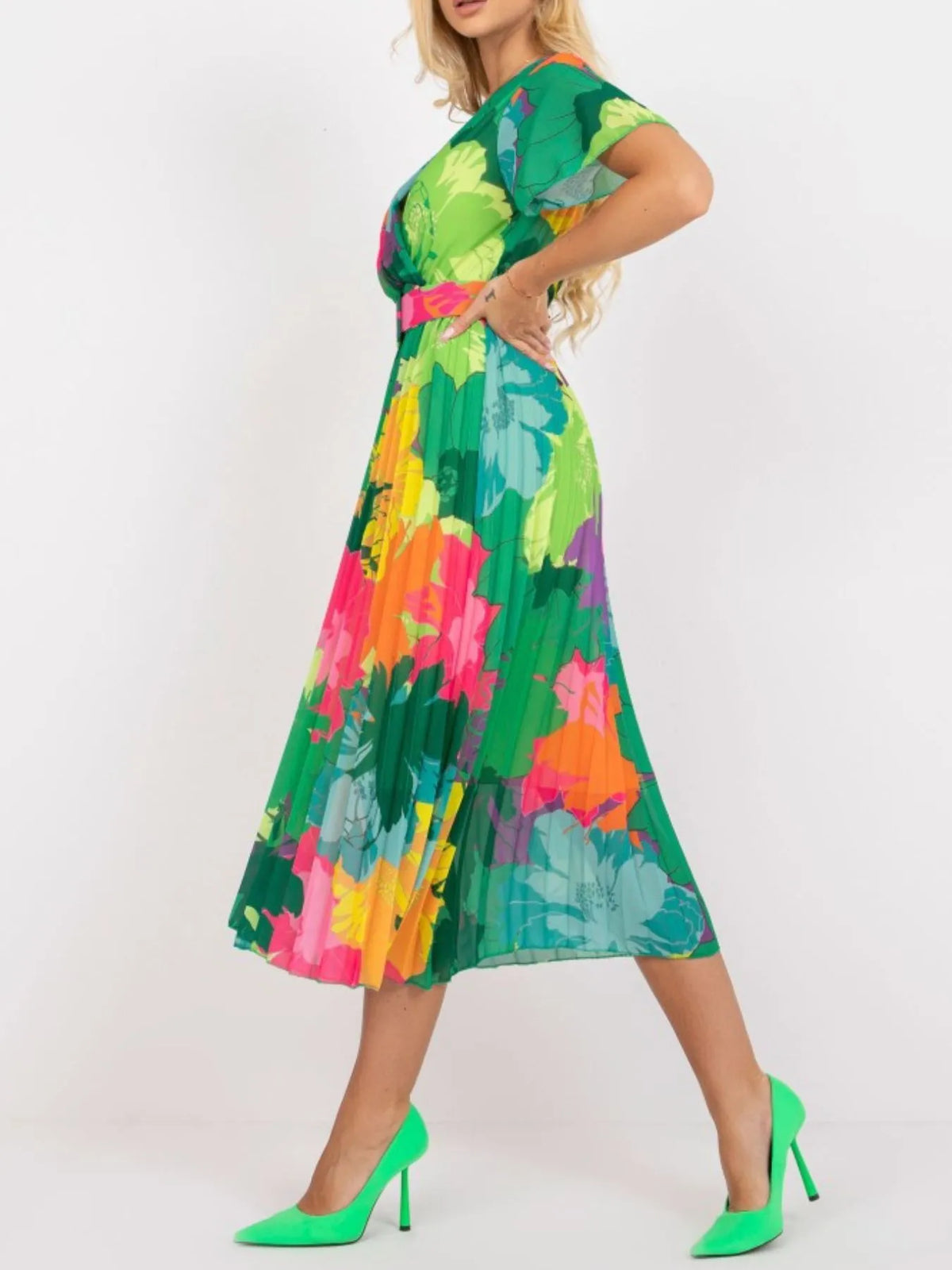 Printed Pleated Midi Wrap Dress