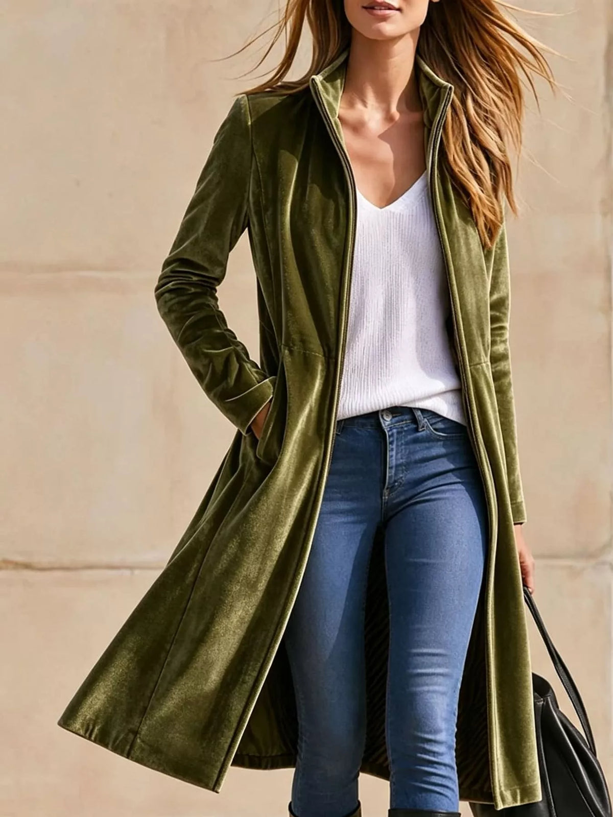 Velvet Zip-Up Longline Jacket