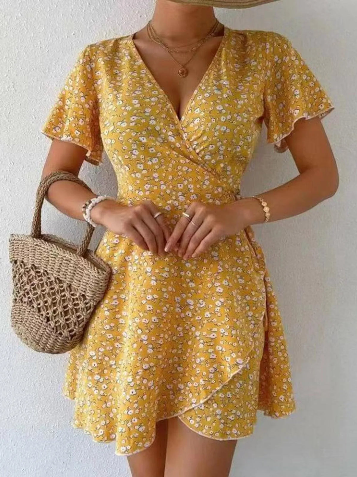 Floral Flutter Sleeve Wrap Mini Dress by Elaine