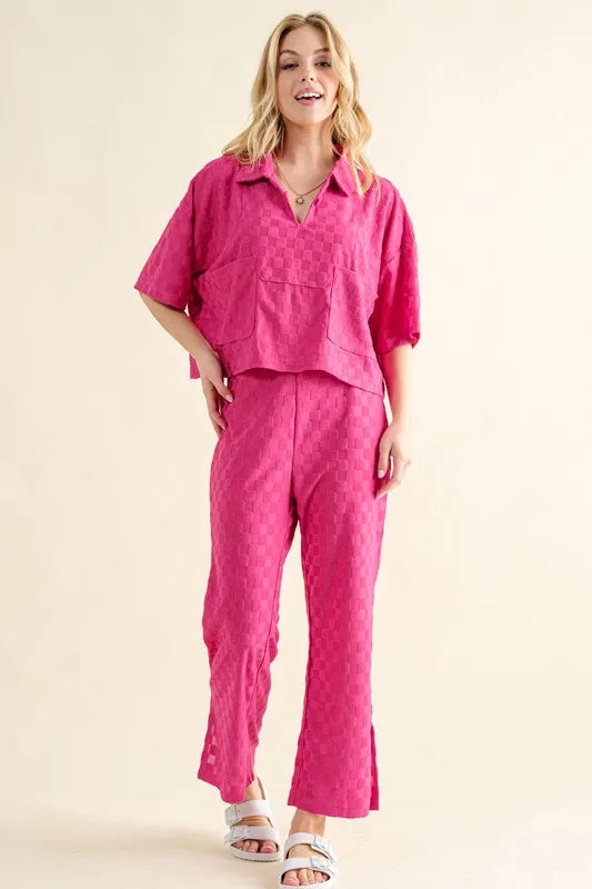 And The Why Checkerboard Oversized Top in Fuchsia