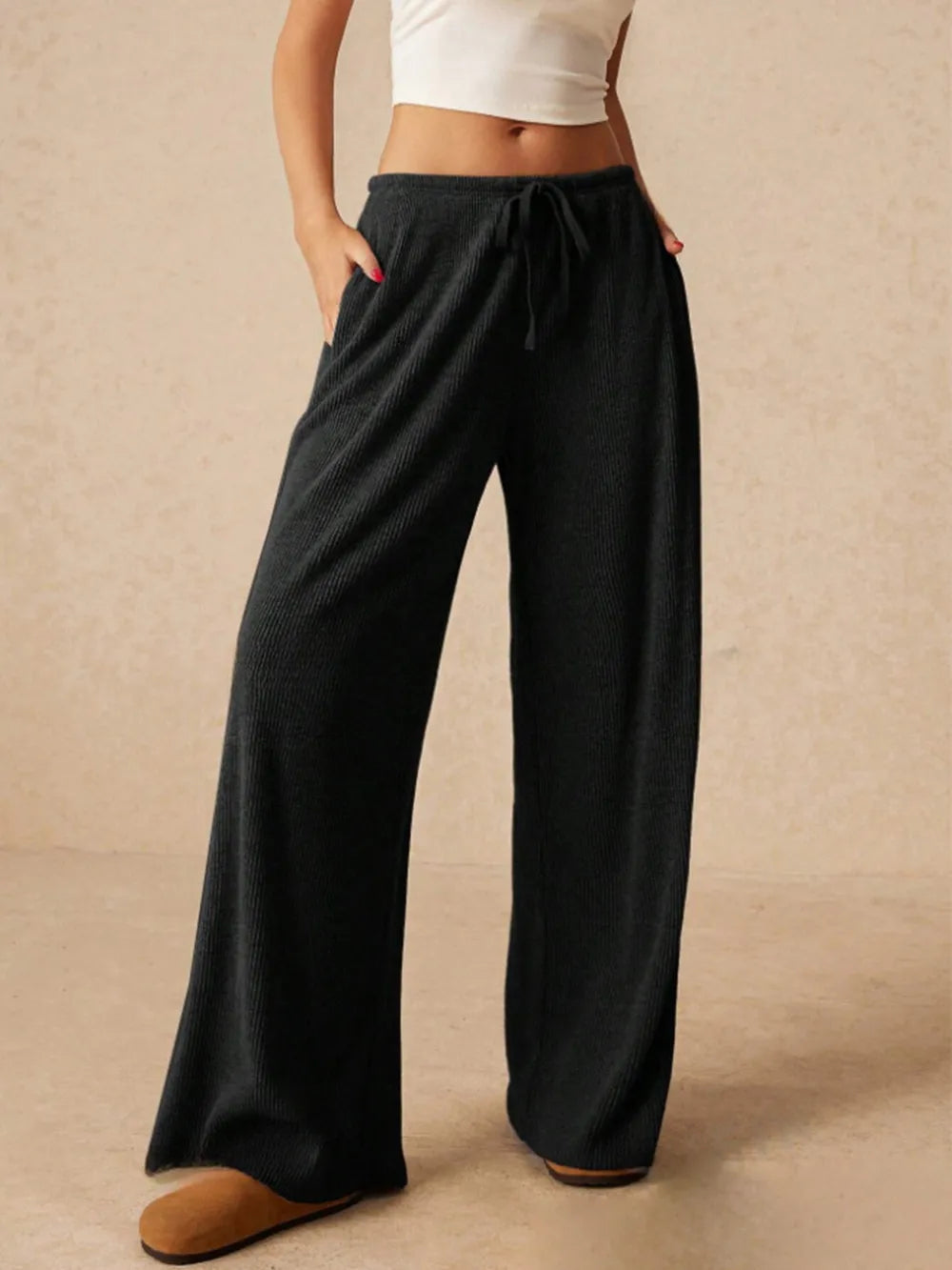 Ribbed Drawstring Wide-Leg Pants