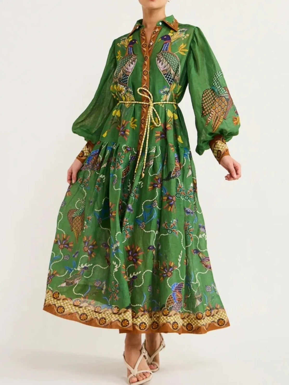 Printed Lantern Sleeve Shirt Dress in Green