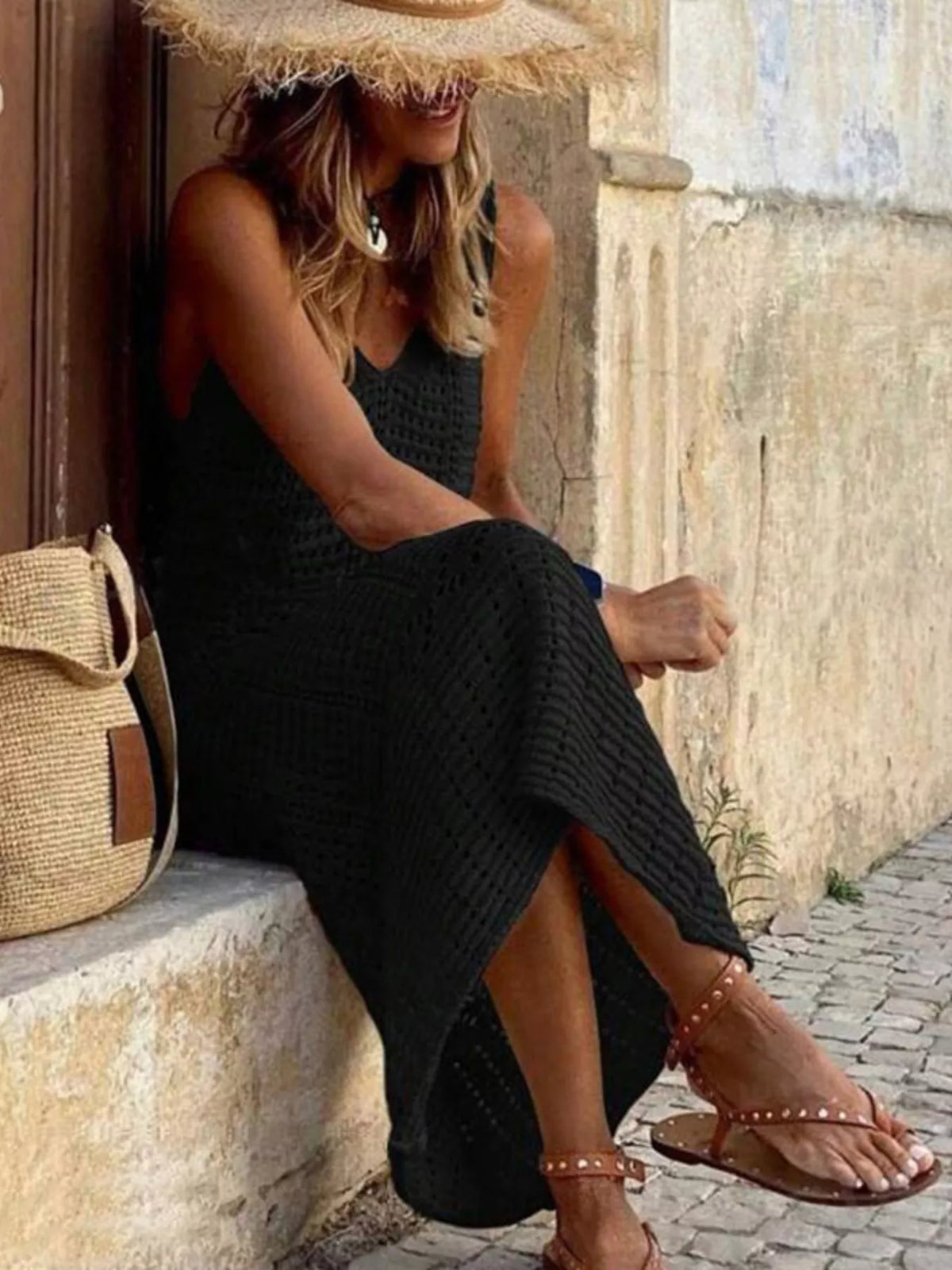 Sleeveless Crochet Knit Cover-Up Maxi Dress