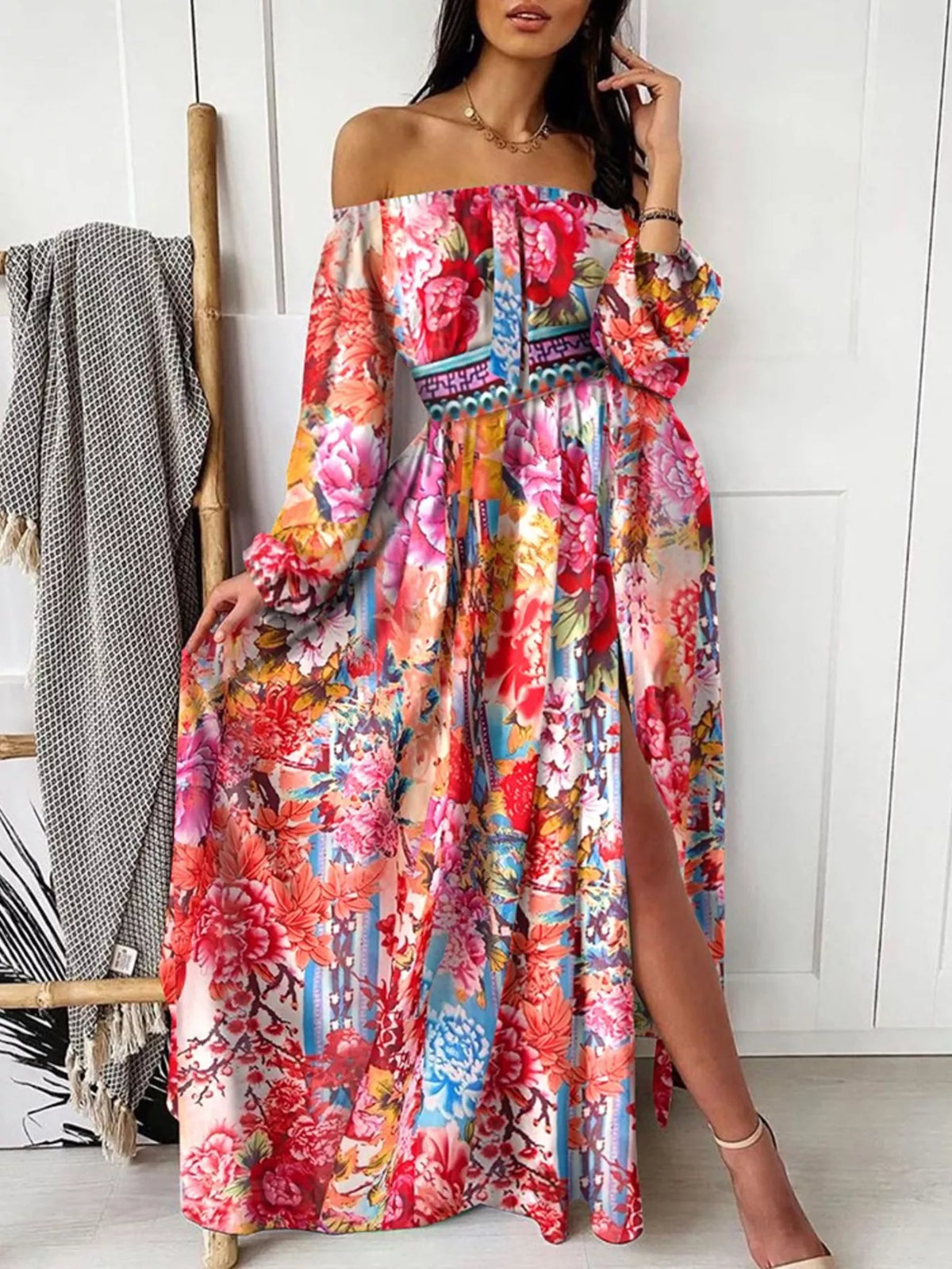 Printed Off-Shoulder Maxi Dress with Slit