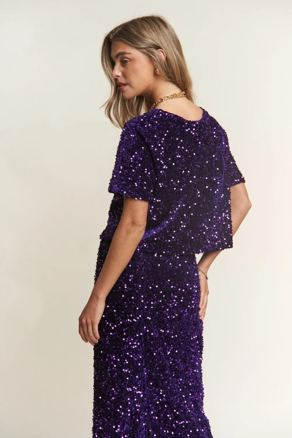 Sequin Crop T-Shirt in Royal Purple by J.NNA