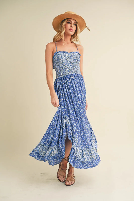 Ditsy Floral Ruffled Hem Maxi Dress in Blue