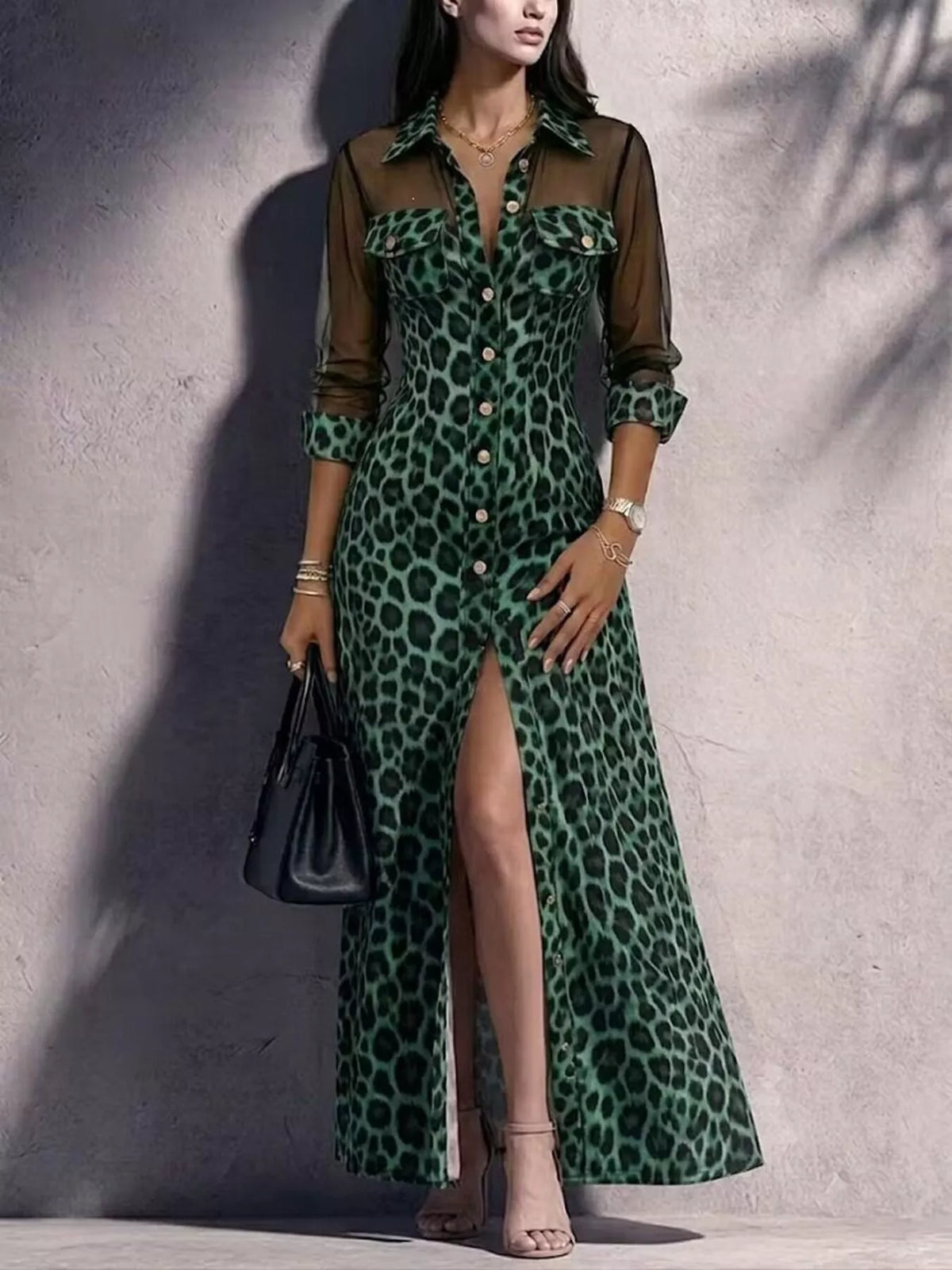 Leopard Print Button-Down Mesh Panel Maxi Dress by Kaelinne