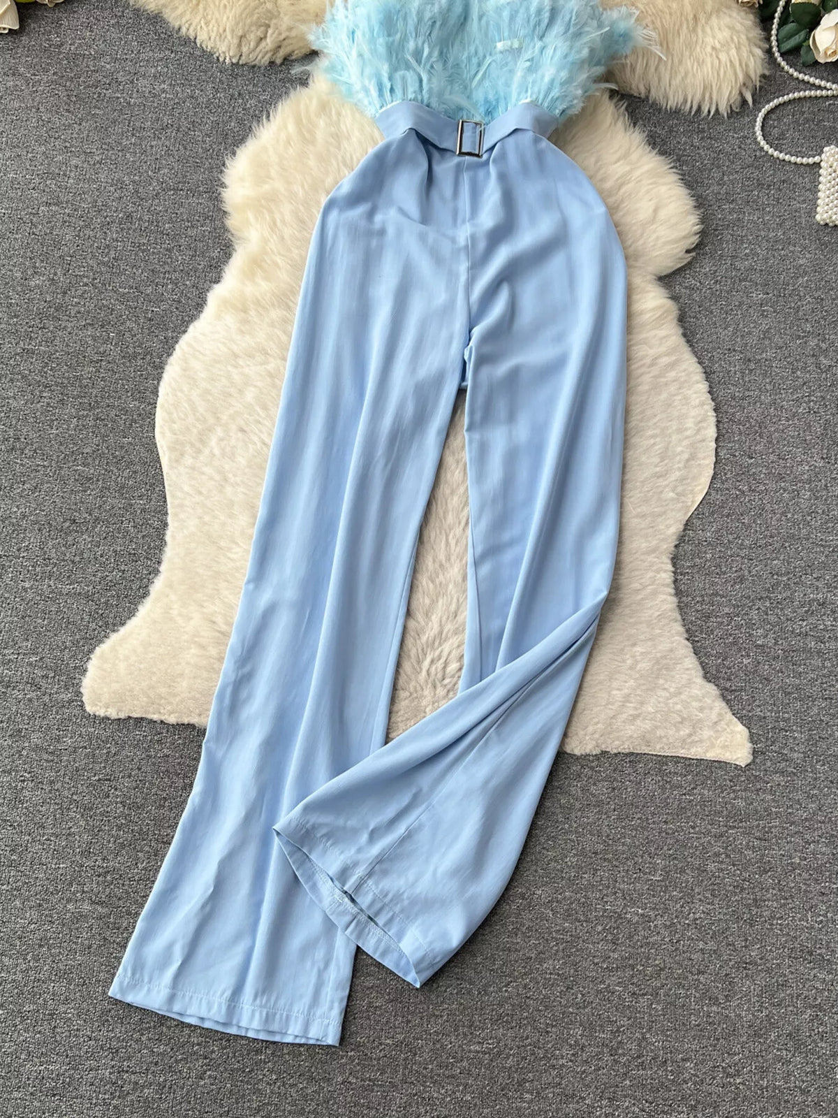 Feather-Trim Strapless Wide Leg Jumpsuit