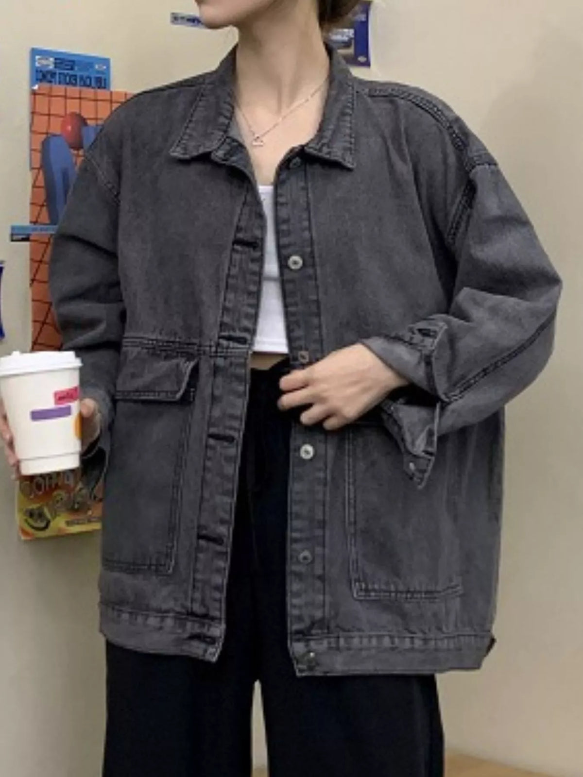Oversized Denim Jacket with Utility Pockets