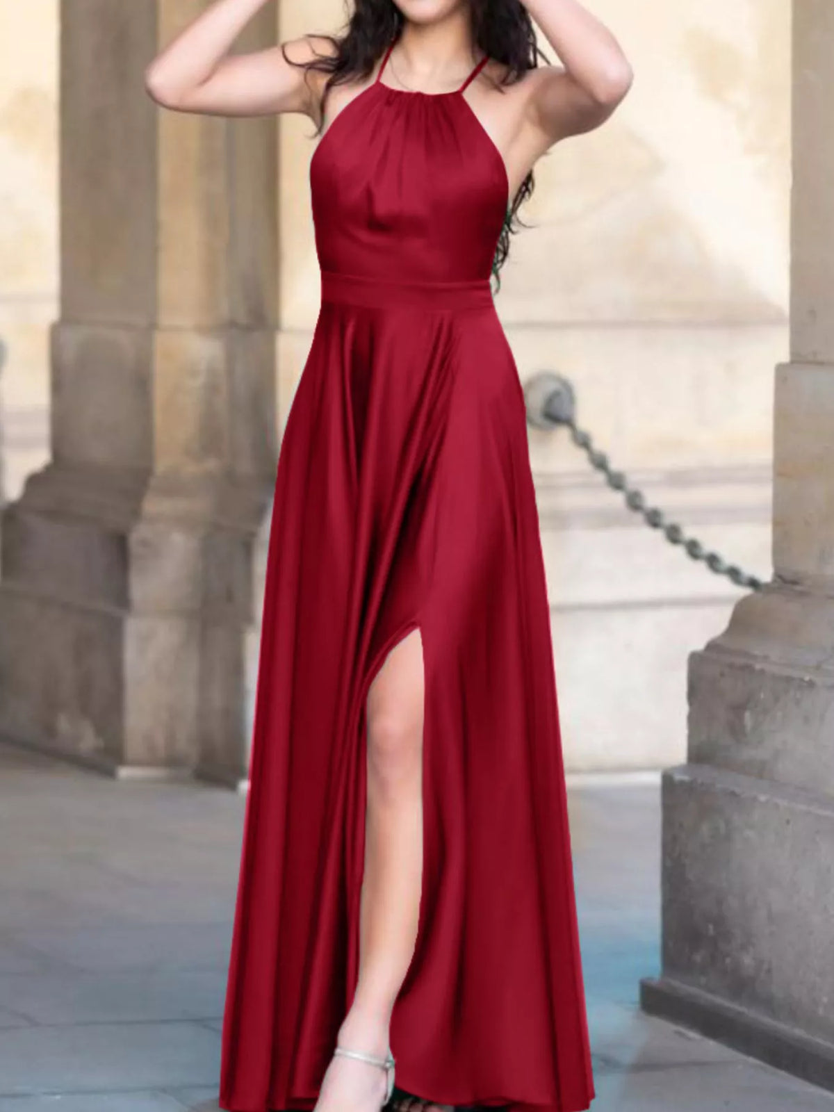 Backless Halter Slit Maxi Dress by Elegant Elements