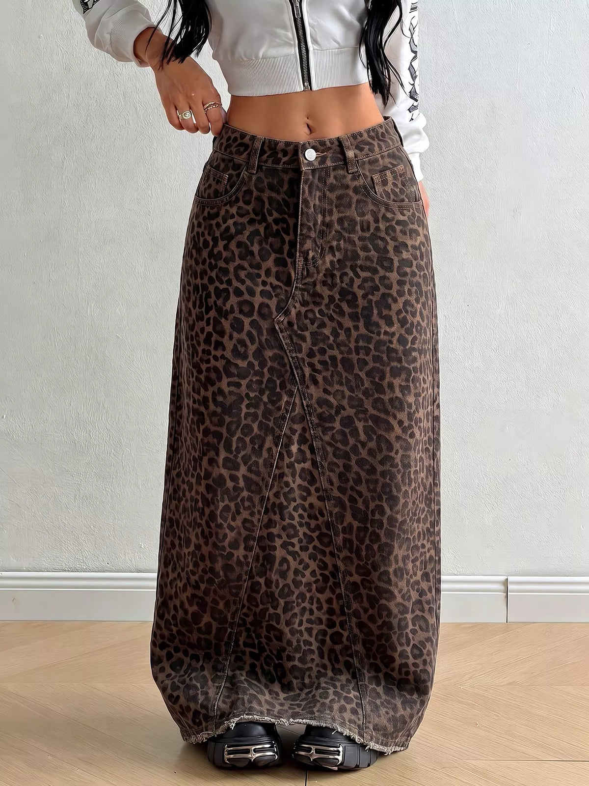Leopard Print Denim Maxi Skirt