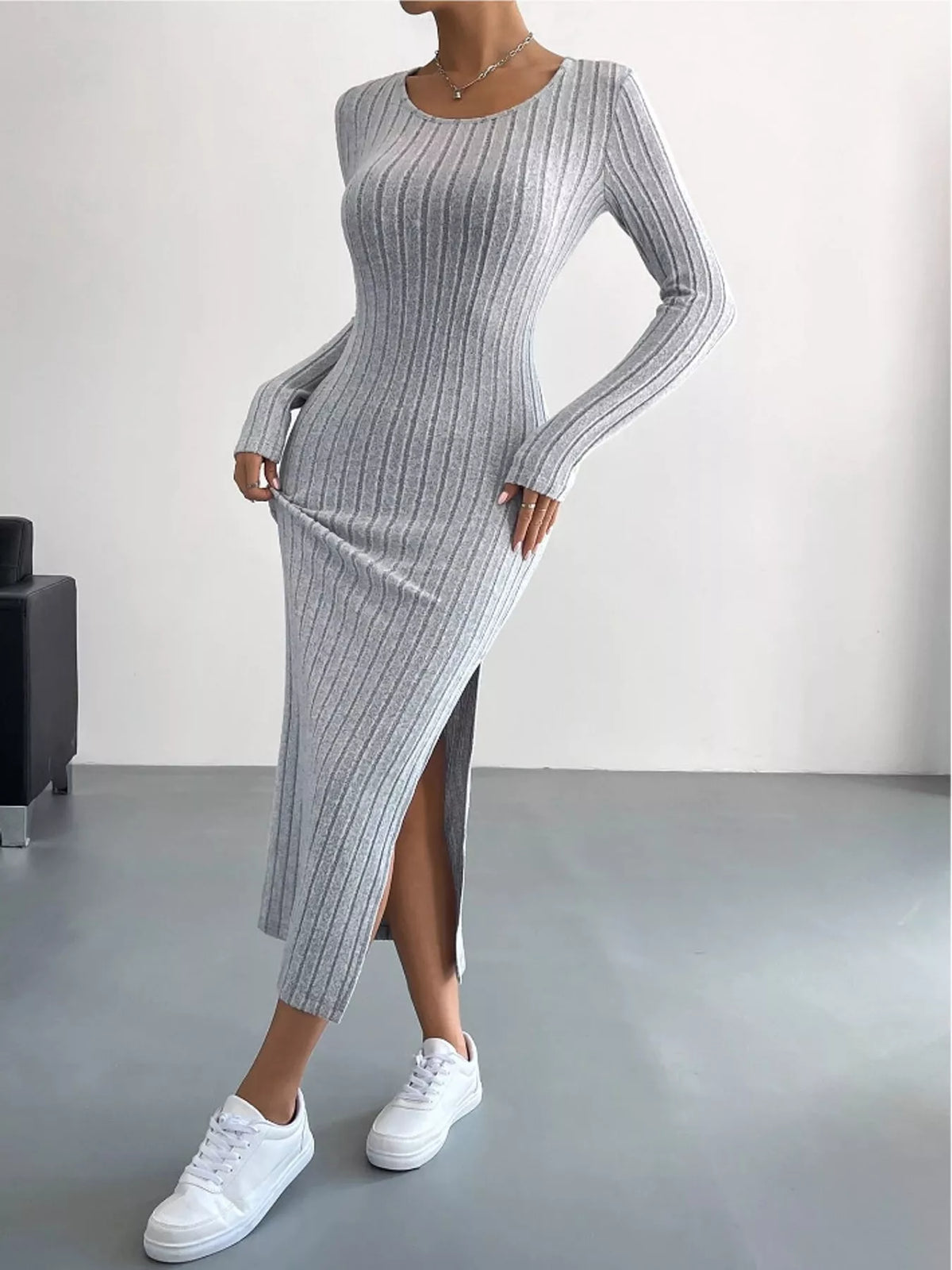 Side Slit Ribbed Knit Dress