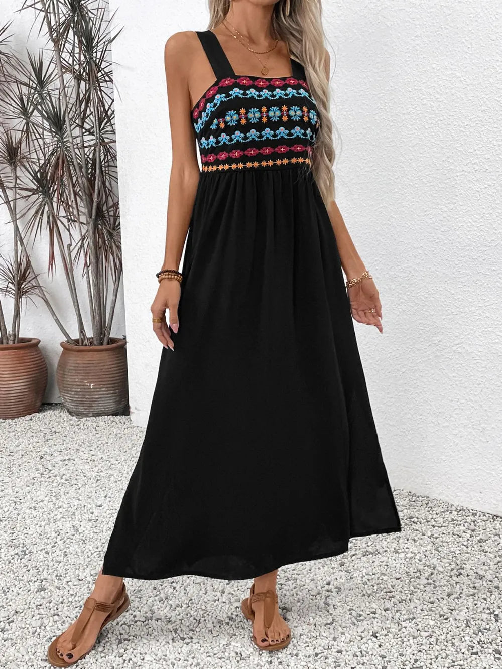 Embroidered Floral Side Slit Midi Dress in Black