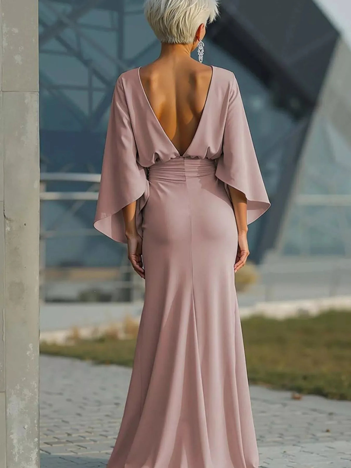 Ruched Batwing Sleeve Maxi Dress