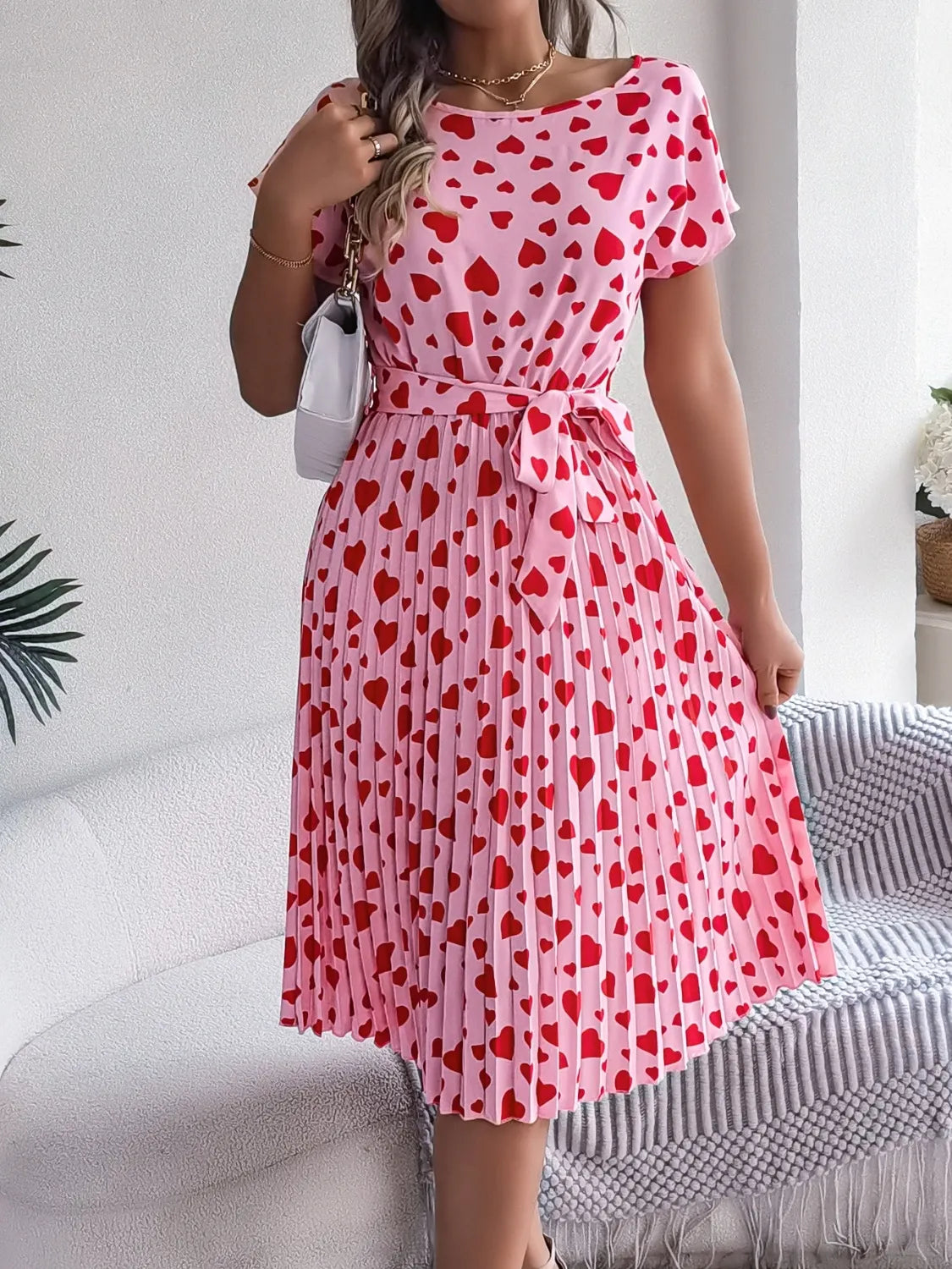 Heart Print Tie Waist Dress