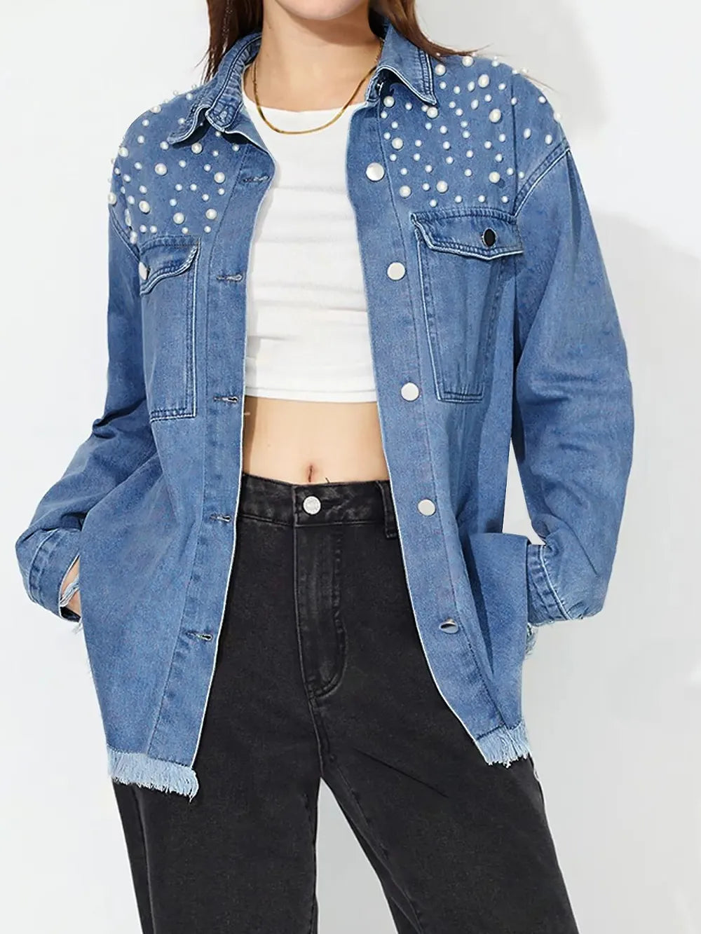Pearl Trim Collared Denim Top