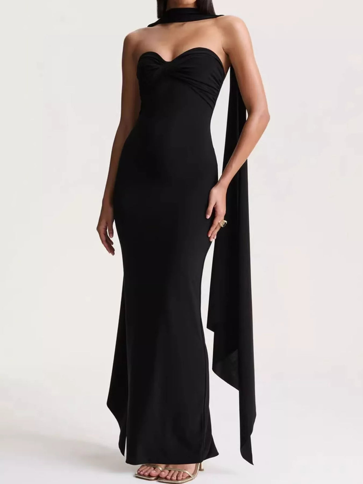 Strapless Ruched Bodycon Maxi Dress with Scarf