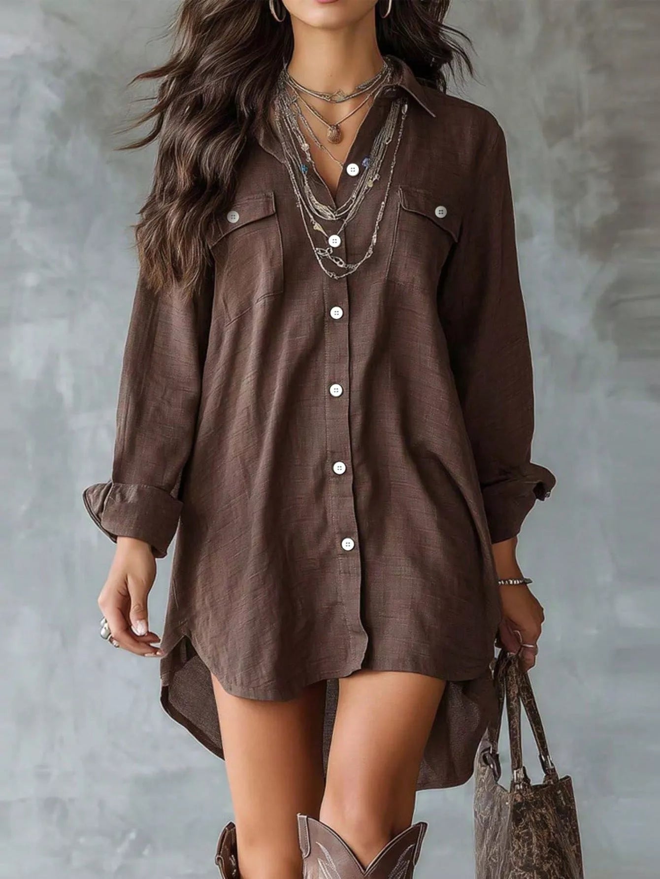 Button-Front Shirt Dress with Pockets