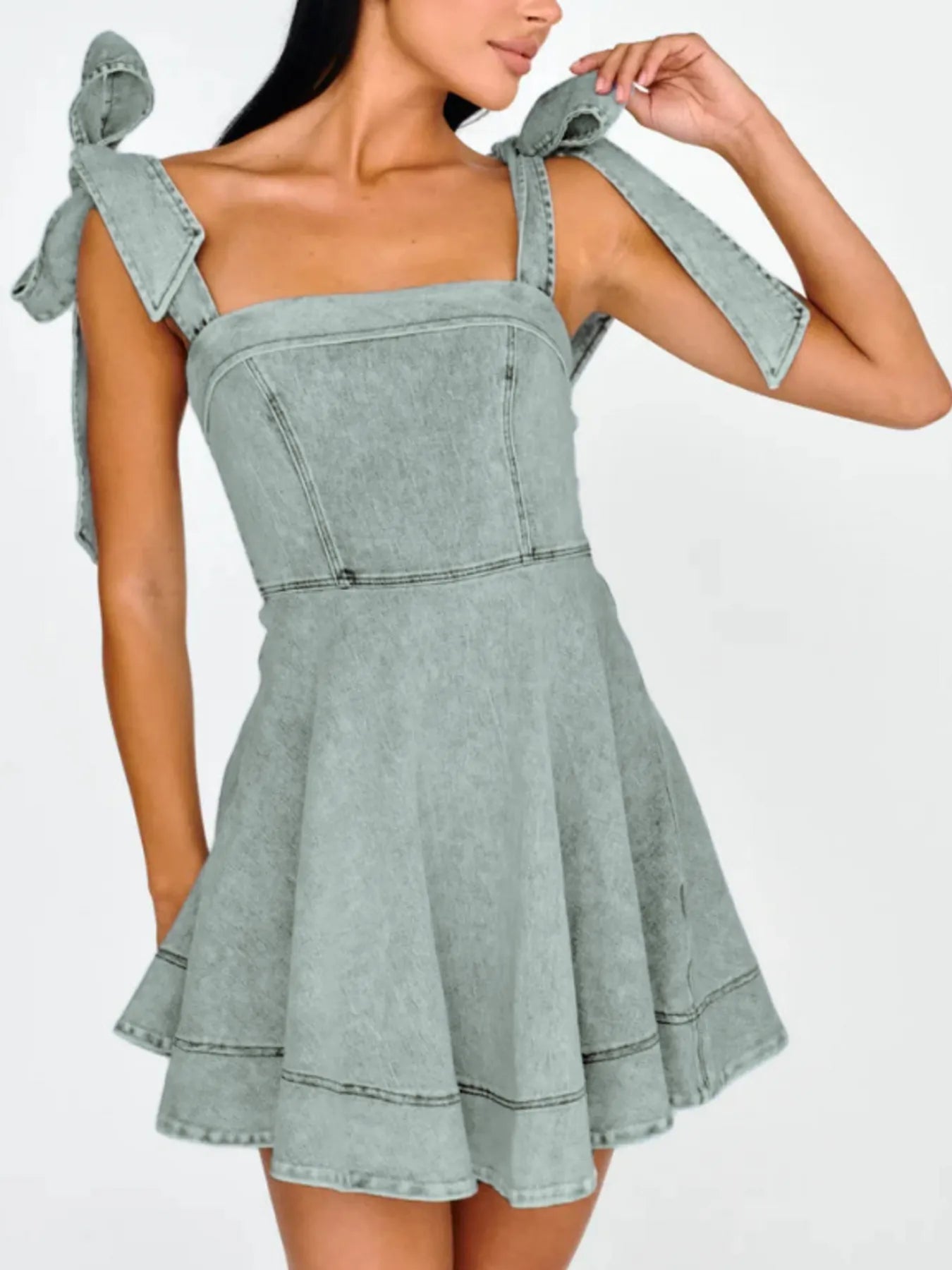 Bow-Shoulder Square Neck Denim Mini Dress in Light Blue