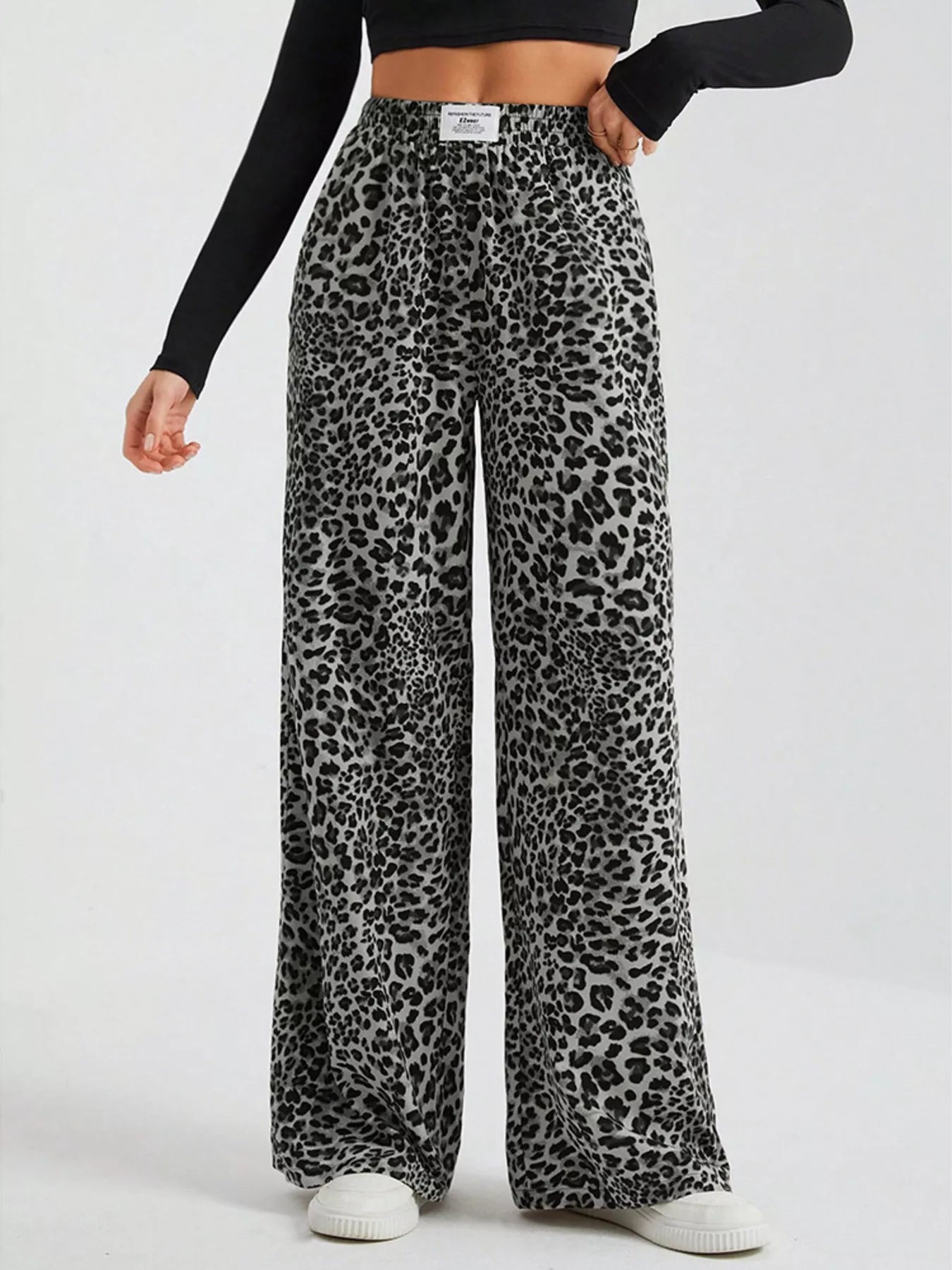 Leopard Print Wide Leg Pants, Plus Size