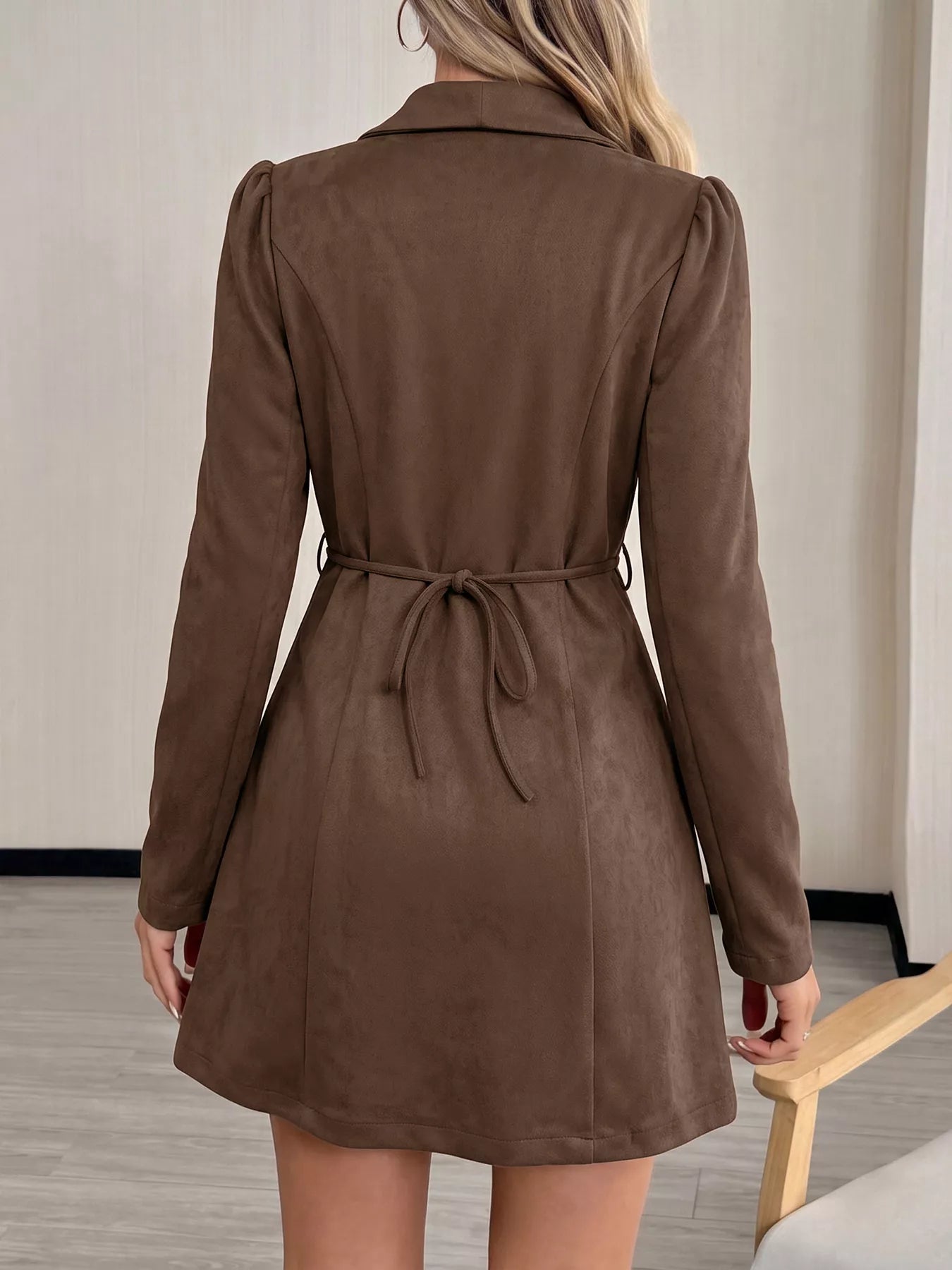Button-Front Long Sleeve Blazer Dress in Coffee Brown