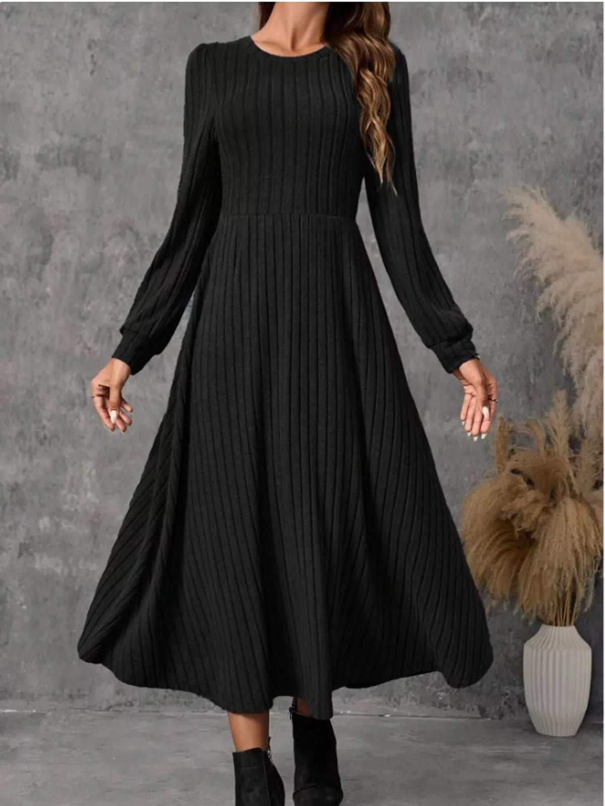 Ribbed Knit A-Line Midi Dress