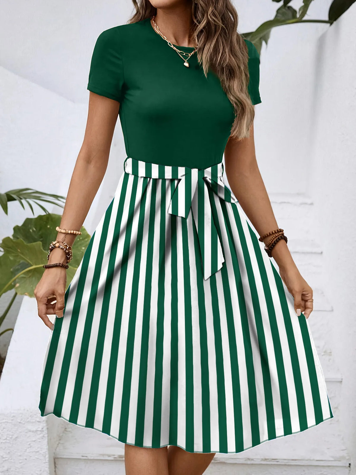 Striped Round-Neck Tie-Detail Dress by Classic Comfort