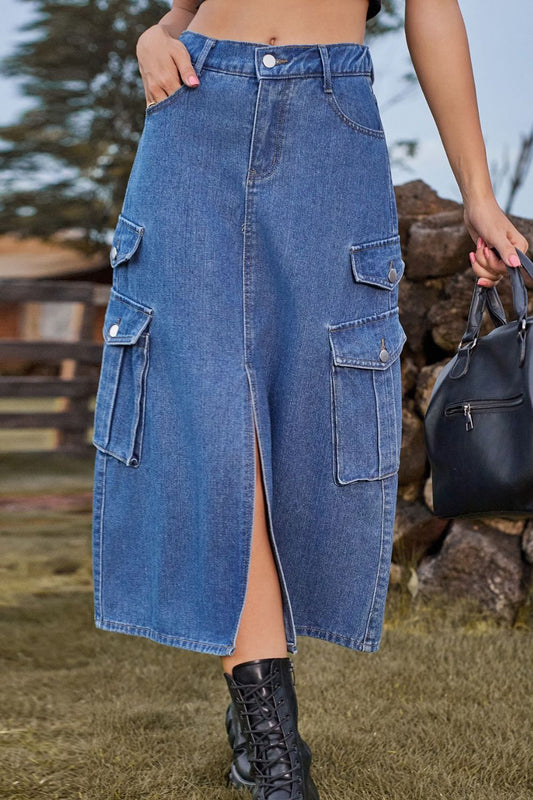Slit Front Midi Denim Skirt with Pockets by Manny