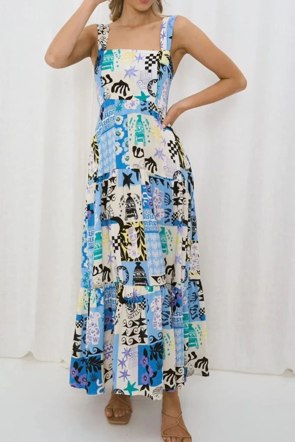 Printed Square Neck Wide Strap Maxi Dress by Shenori
